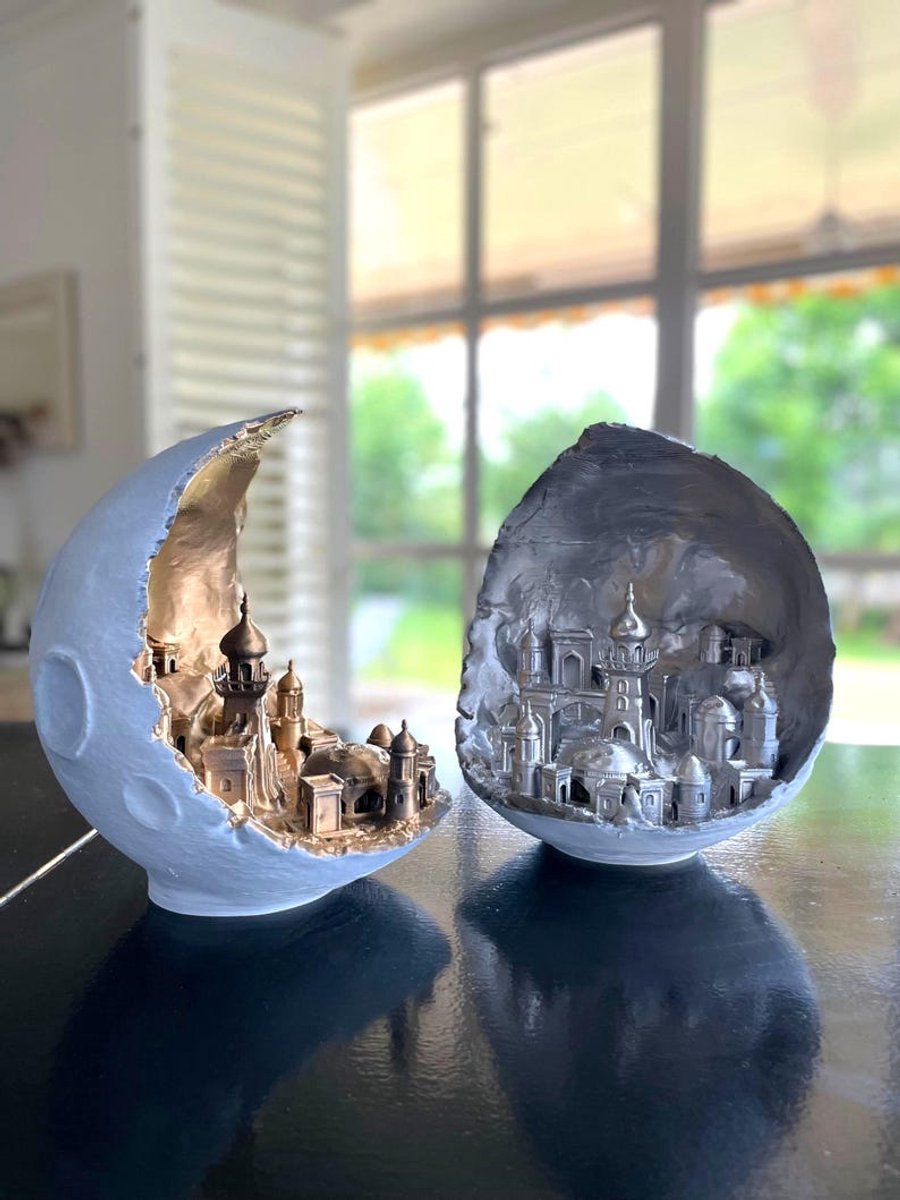 Maan Kunst Decoratie - 3d printer - 24Cm Fantasie Wereld - ai - Wit - Gold - Silver