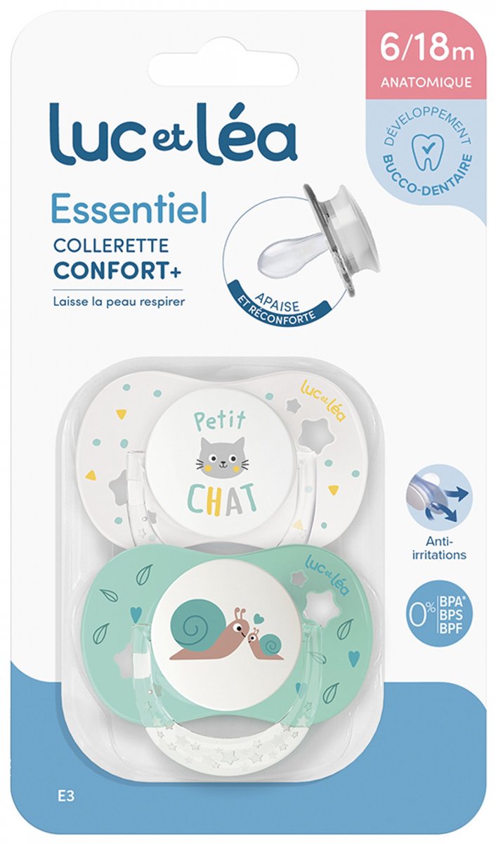 Luc et Léa Essentiel 2 Anatomische Fopspeentjes Comfort-schildje + 6-18 Maanden (Modellen : Kleine kat en slakken) — afbeelding 3
