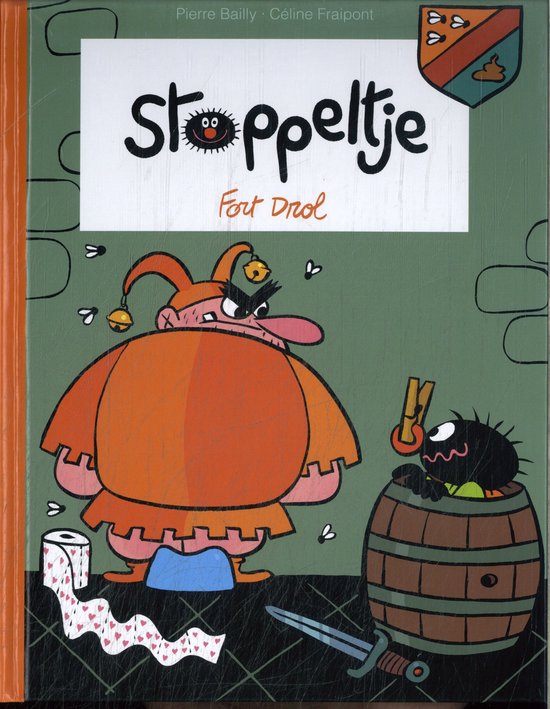 Couverture de livre avec une figure corpulente vêtue d'orange et une petite figure noire dans un tonneau. Titre : Stoppeltje Fort Drol.