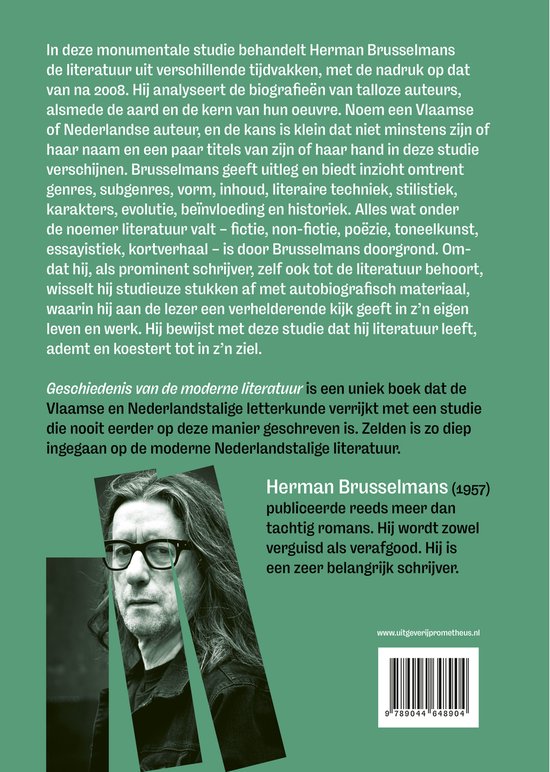 Boekomslag met een portret van Herman Brusselmans, tekst over het boek en auteur, en de uitgeverij Prometheus.