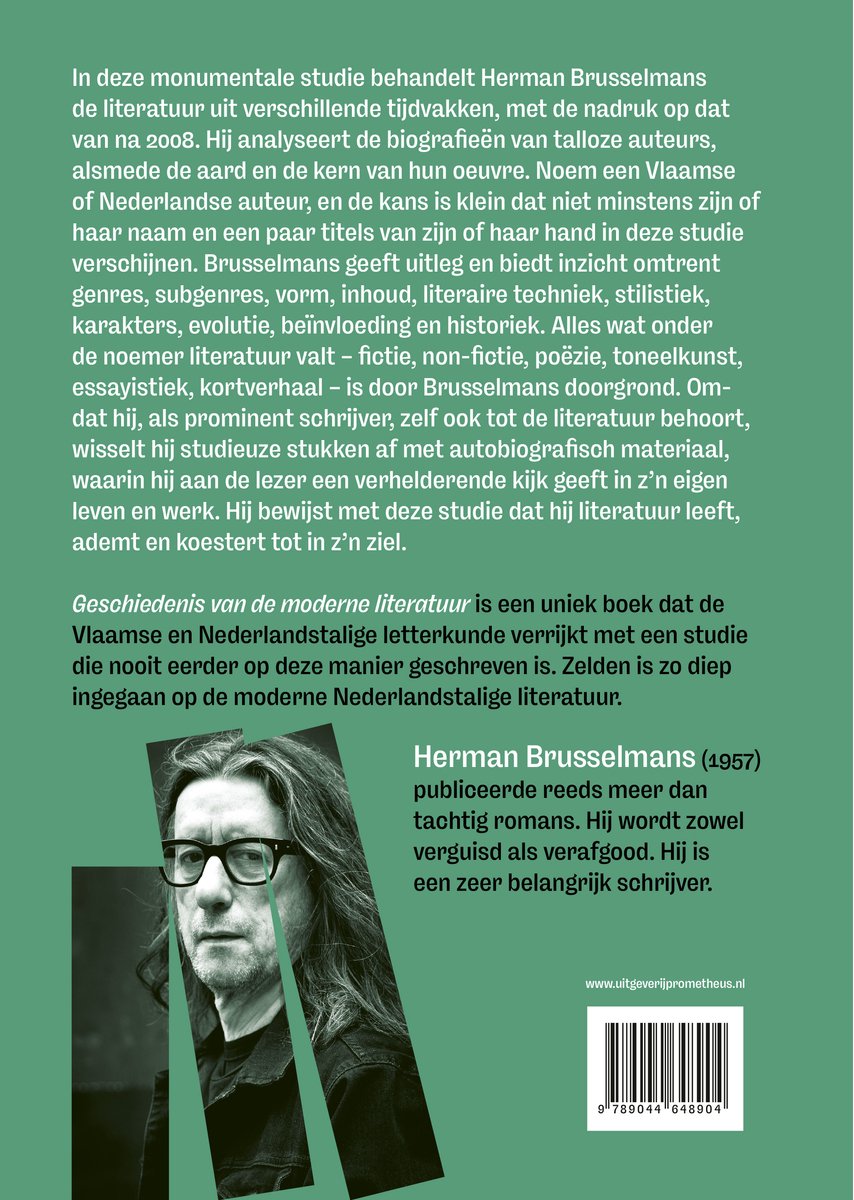 Boekomslag met een portret van Herman Brusselmans, tekst over het boek en auteur, en de uitgeverij Prometheus.