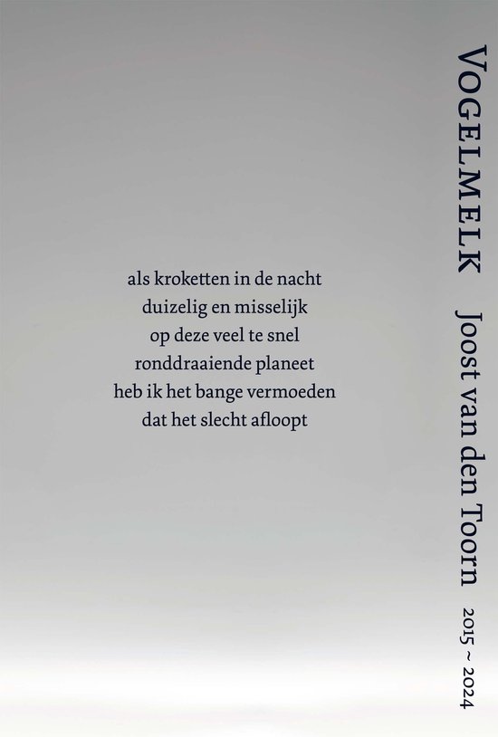 Boekcover 'Vogelmelk' met gedicht op grijze achtergrond.