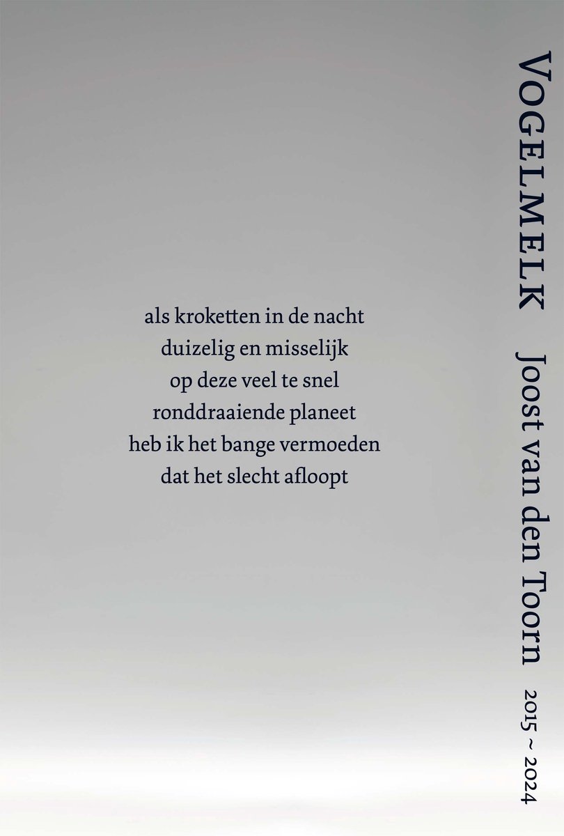 Boekcover 'Vogelmelk' met gedicht op grijze achtergrond.