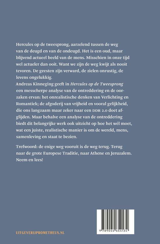 Achterkant van het boek "Hercules op de Tweesprong" met tekst over de inhoud, de auteur Andreas Kinneging en een streepjescode.