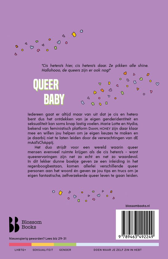 Achterkant van het boek 'Queer Baby' met tekst, streepjescode en rainbow/gender symbolen.