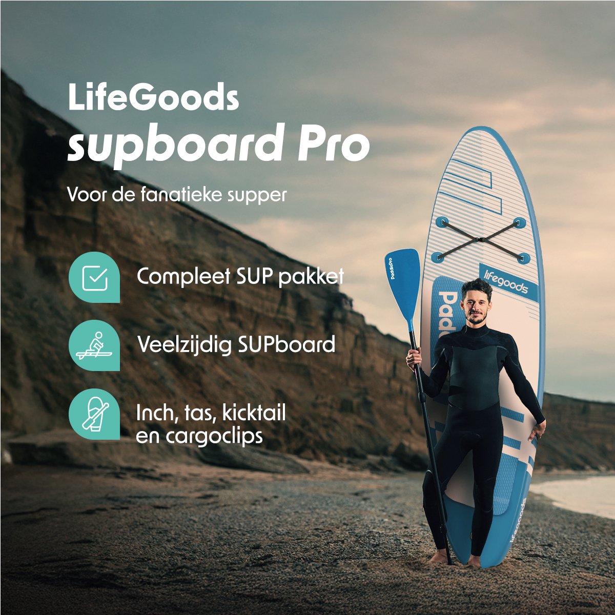 LifeGoods PaddlePro SUP Board Pro - Pro Set - Opblaasbaar Paddle Board - Max. 150KG - 320x81cm - Sky Blue – foto 2