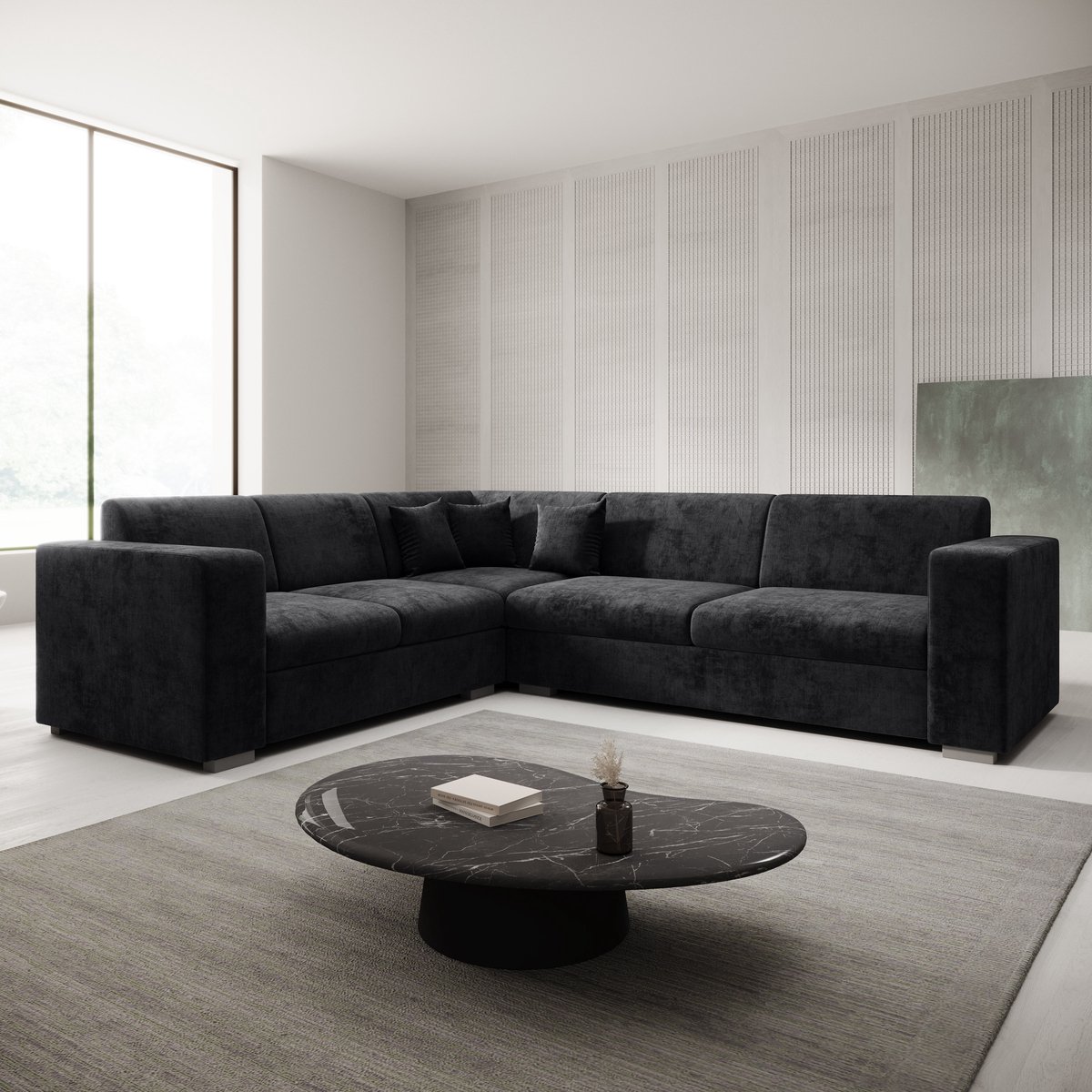 Meubella - Hoekbank Santana - Zwart - Velvet - Links