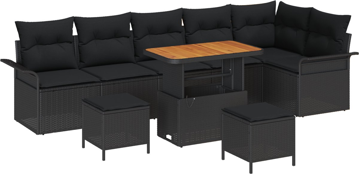 vidaXL - Tuinbank - Set - met - kussen - 9 - pcs - Zwart - poly - rattan