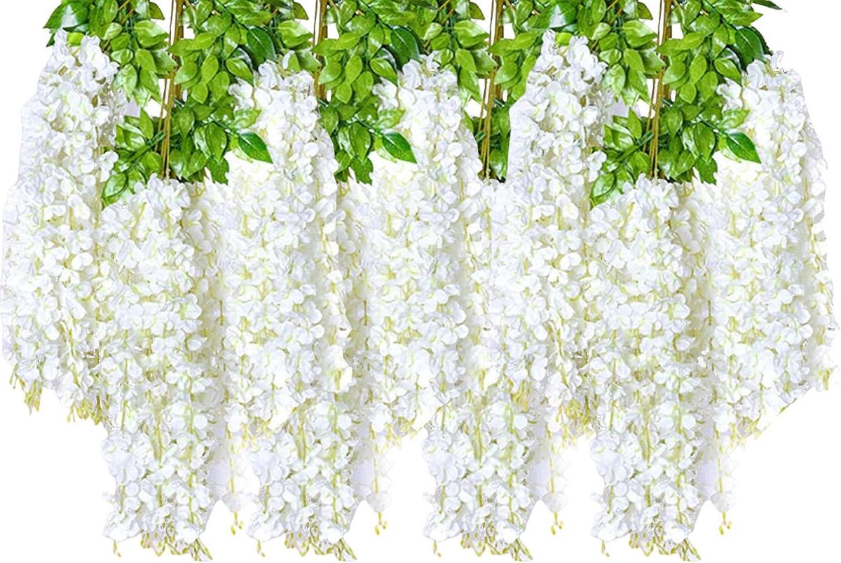 4 stuks kunstbloemen blauweregen hangende takken nep Wisteria slinger witte blauweregen wijnstok voor bruiloft boog feest tuin woondecoratie (wit)