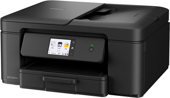 Zwarte Brother DCP-J1460DW printer met open papieruitvoerlade en scherm.