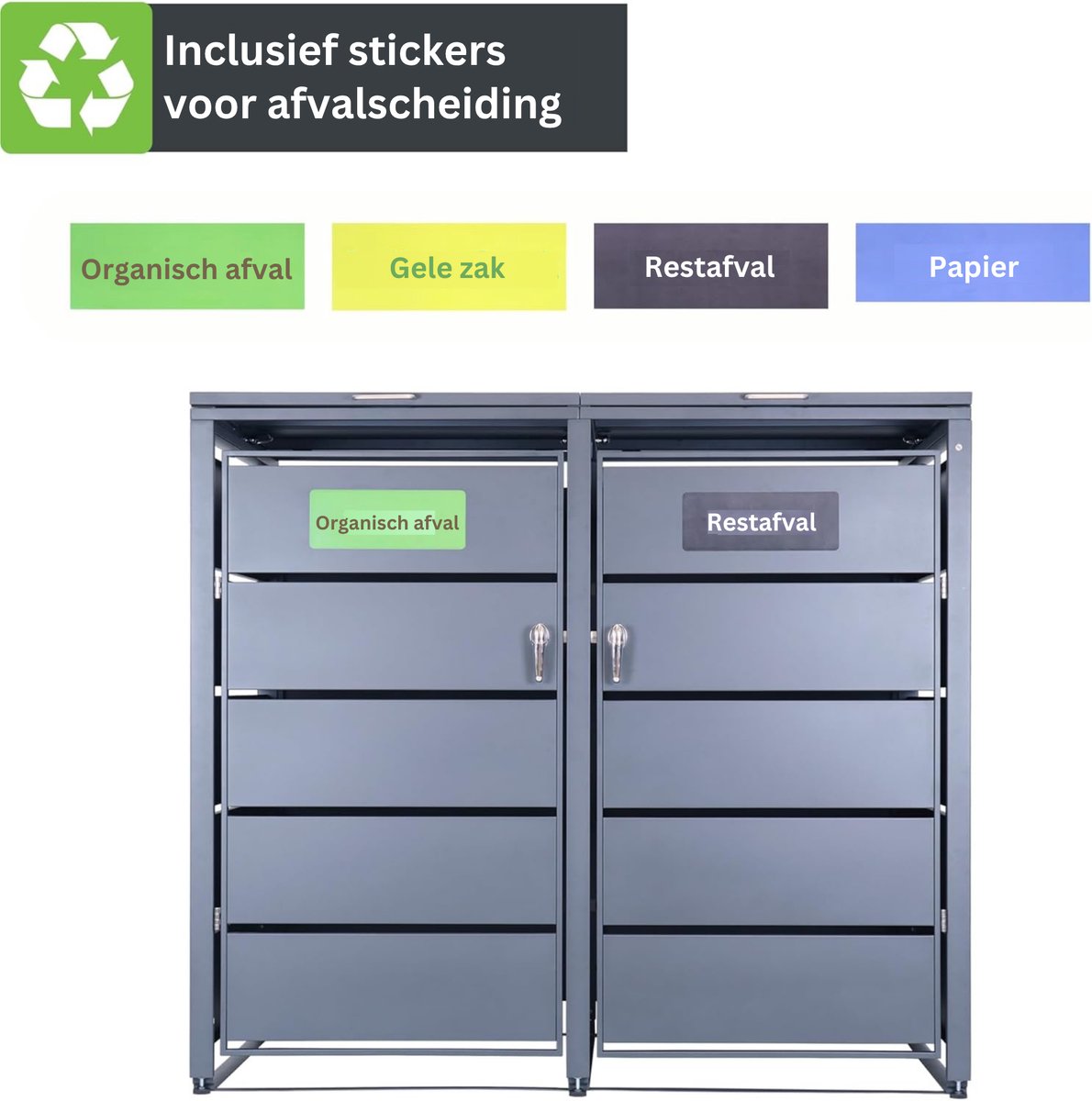 Albatros afvalcontainerbox voor 2 containers | tot 240 liter | antracietgrijs RAL 7016 | verzinkt staal | premium dempers | stickerset | weerbestendig | verstelbare poten | deurklink met slot | tuinbox — afbeelding 8