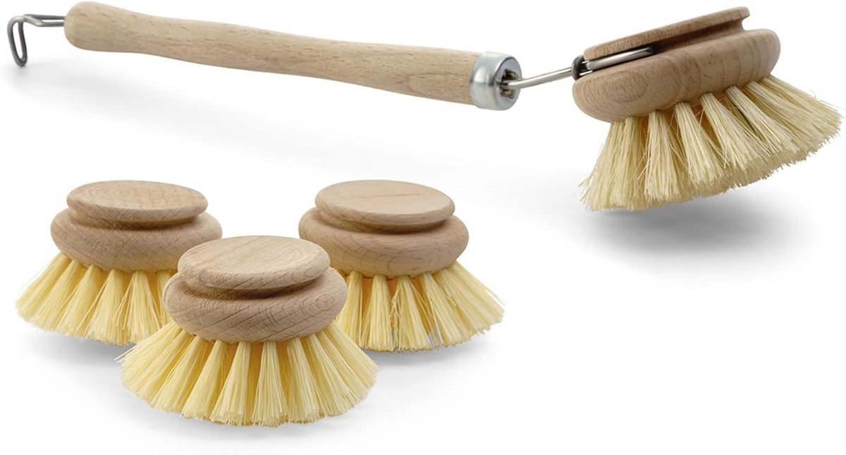 Set van 4 stuks 1x afwasborstel I 3x reservekoppen I natuurlijke vezel I hout I groot I afwasborstels keukenborstels afwasborstels schrobborstels schoonmaakborstels borstels keuken
