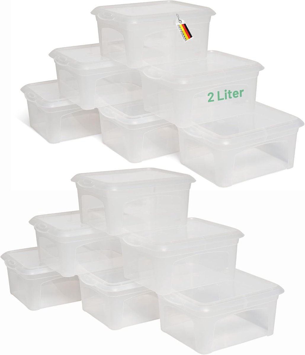 12x opbergdozen met deksel klein 2 L transparant nestbaar stapelbaar kunststof dozen met clipsluiting kunststof BPA-vrij 20x16,5x9 cm
