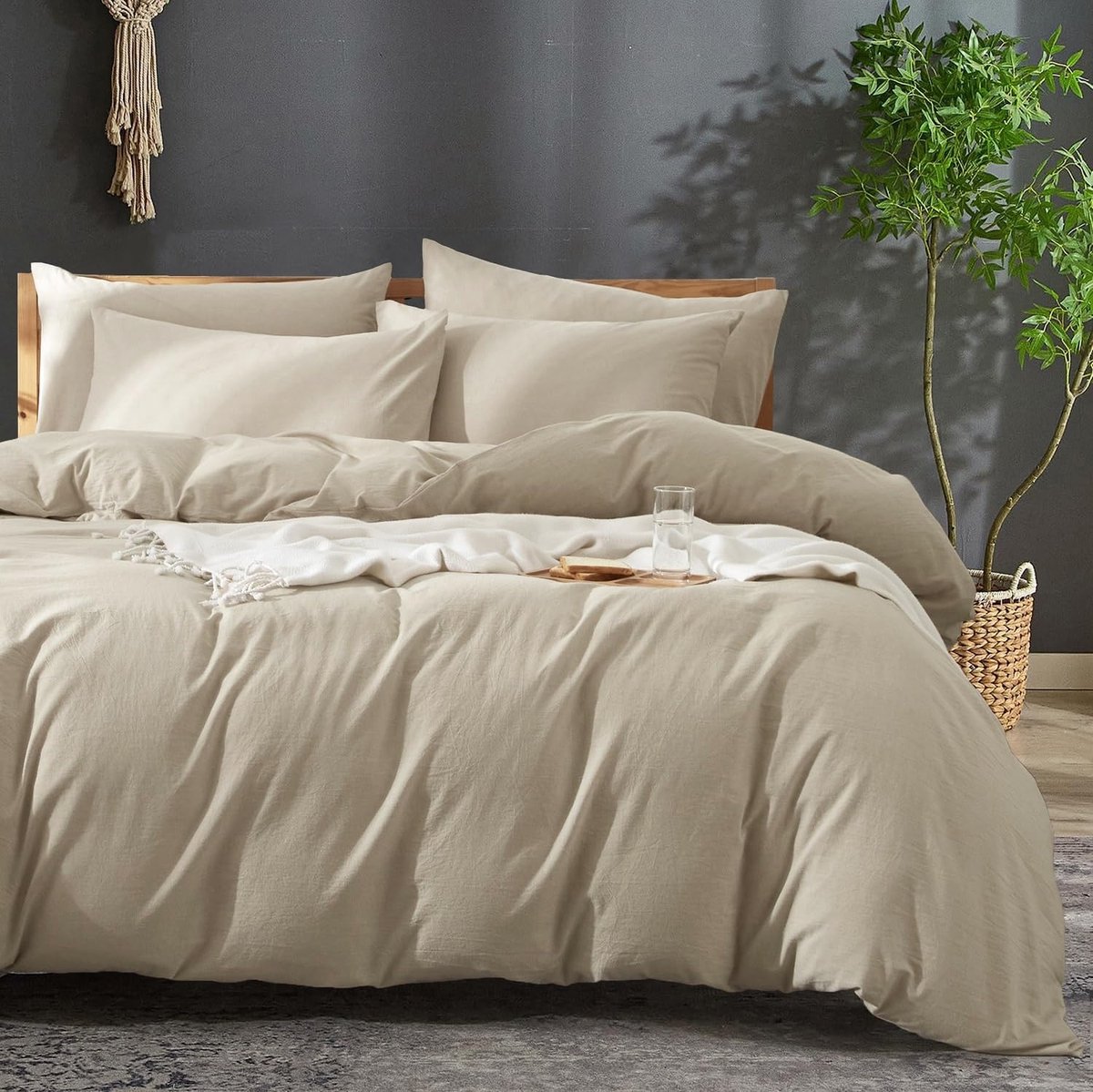 Ibenzoa® Beige en Kaki Katoenen Linnen Beddengoedset – 135x200 cm Dekbedovertrek & 80x80 cm Kussensloop