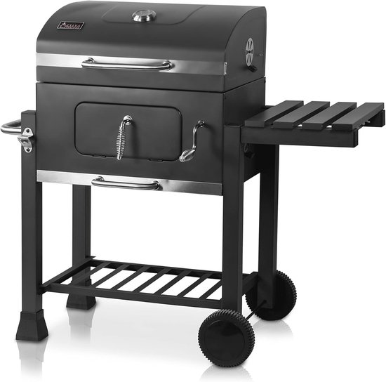 Foto: Houtskoolbarbecue met gietijzeren rooster en thermometer verstelbare kolenbak en grillwagen voor een perfecte bbq