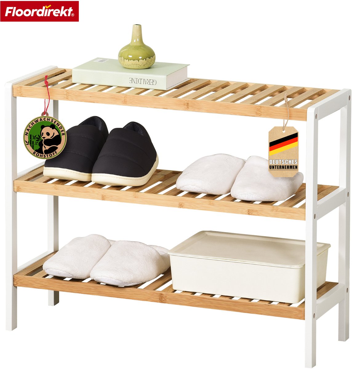 FLOORDIREKT Schoenenrek van Bamboe - Smal en Ruimtebesparend - Schoenenopberger met 3 Planken - Michigan
