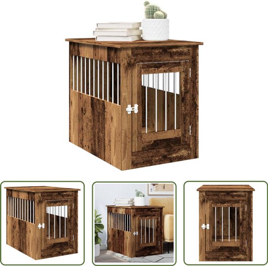 The Living Store Hondenbench 55x80x68 cm bewerkt hout oud houtkleurig - Hond Bench - Honden Kennel - Hondenhuis - Houten Hondenbench - Bijzettafel