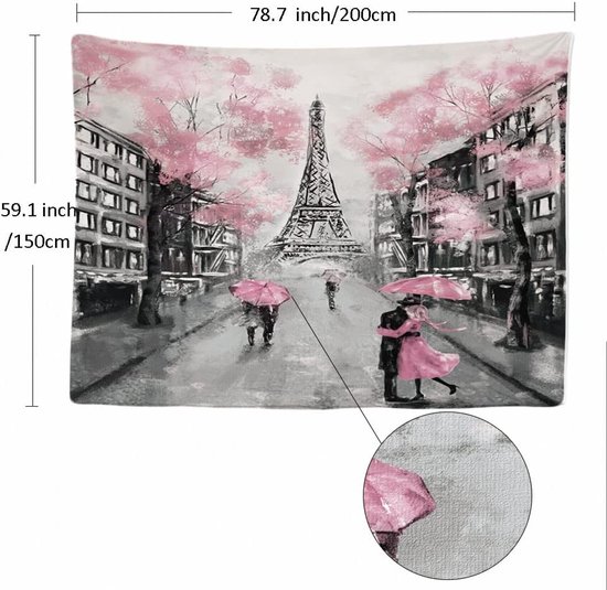 Ulticool - Paris Tour Eiffel Zwart Wit Rose Vintage Blossom - Tapisserie - 200x150 cm - Groot tapisserie - Affiche