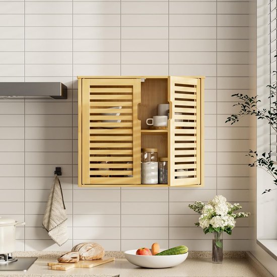 VOVALA Badkamer Wandkast, Bamboe Boven-Het-Toilet Opbergorganizer met 2 Rotan Deuren en Verstelbare Plank, Ruimtebesparende Medicijnkast voor Wasserij, Keuken, Woonkamer (Walnoot
