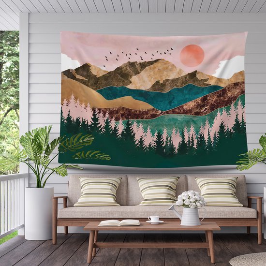 Ulticool Wandkleed 200x150 cm – Natuur Bos Bohemian Aesthetic Hippie – Met Bevestigingspinnen - voor Binnen / Buiten - Tuinposter Wandtapijt Buitenkleed Decoratie Schilderijen Posters Boho - Idee Vrouw / Tiener / Meisje - Roze Blauw