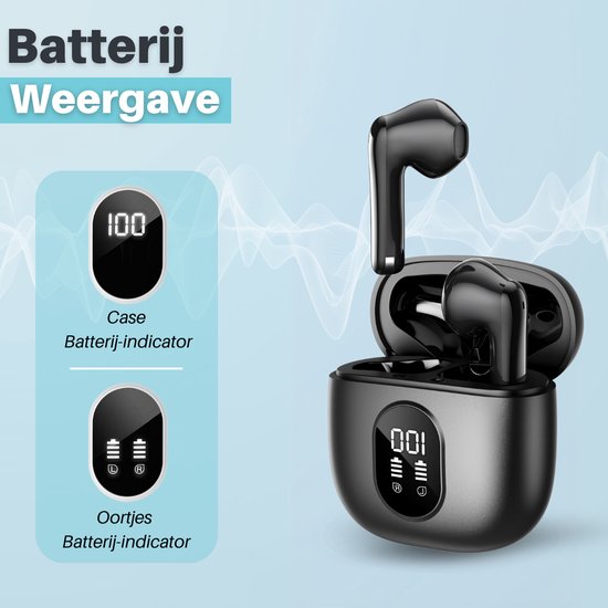 Zwarte draadloze oordopjes in laadcase met LED-display dat 100% batterij aangeeft. De oordopjes tonen individuele batterij-indicatoren.
