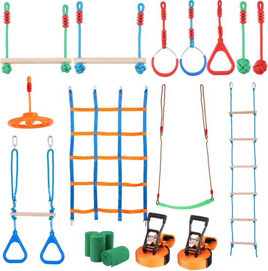 Slackline 18,3 m Sangle d'Équilibre Charge 226,8 kg Jeu Complet avec Protecteur d’Arbres