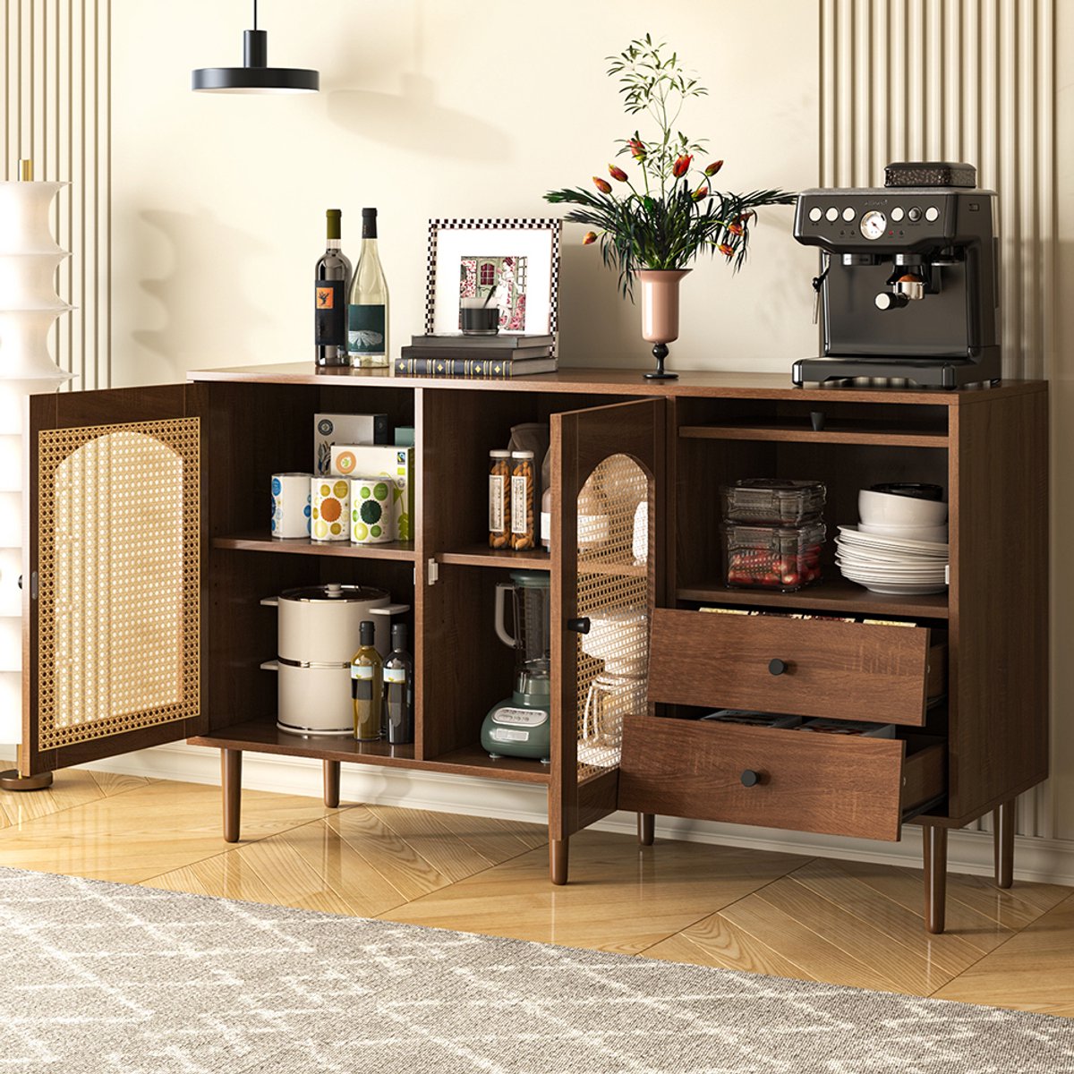 KOMHTOM Buffet in landelijke stijl met rieten deuren magnetische sluiting verstelbare planken Bruin Hout