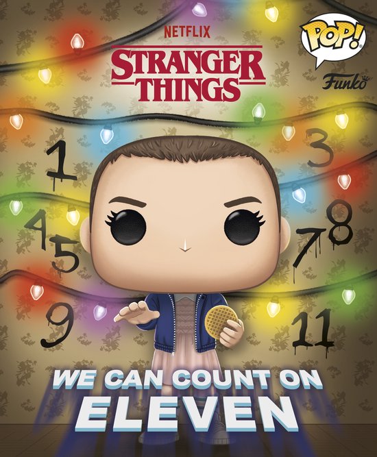 Funko Pop d'Eleven portant une veste bleue, une robe rose, tenant une gaufre. Les nombres de 1 à 11 sur fond avec des lumières.