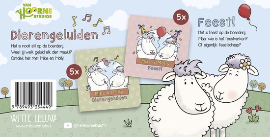 Illustratie van Mike & Molly boekjes: 'Dierengeluiden' en 'Feest!', met schapen.