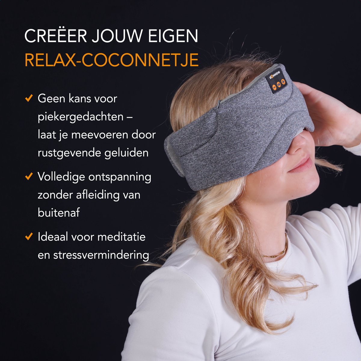 Slowwave Premium Bluetooth Slaapmasker - White Noise Versie (10 ingebouwde relax-geluiden) - Kleur: grijs - Met Binaural Beats - 100% verduisterend - Inclusief handige timer-functie - Koel en ademend - Platte 'spons speakers' voor zijslapers — afbeelding 12