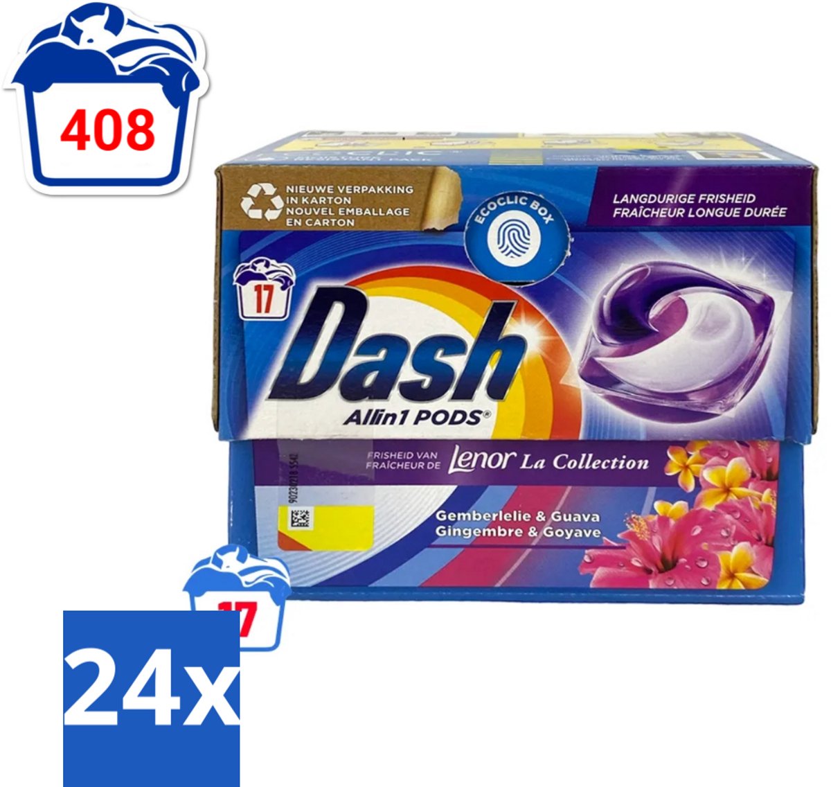 24 x Dash - Lenor Collectie - Wasmiddel Capsules - All-in-1 Pods - Witte en Gekleurde Was - Gemberlelie & Guava - 17 Wasbeurten - Wasmiddel Capsules - Waspoeder Capsules - Lenor Geur - Gemberlelie - Guava