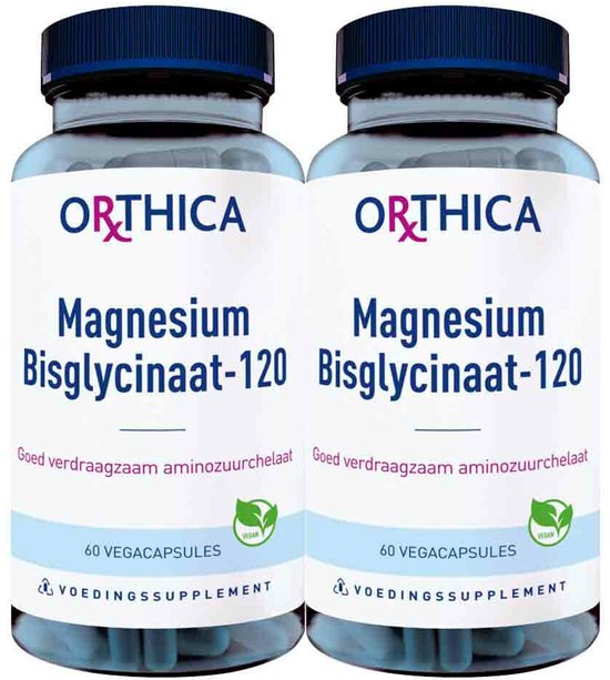 Twee potten Orthica Magnesium Bisglycinaat-120, elk met 60 vega capsules, met witte en lichtblauwe etikettering.