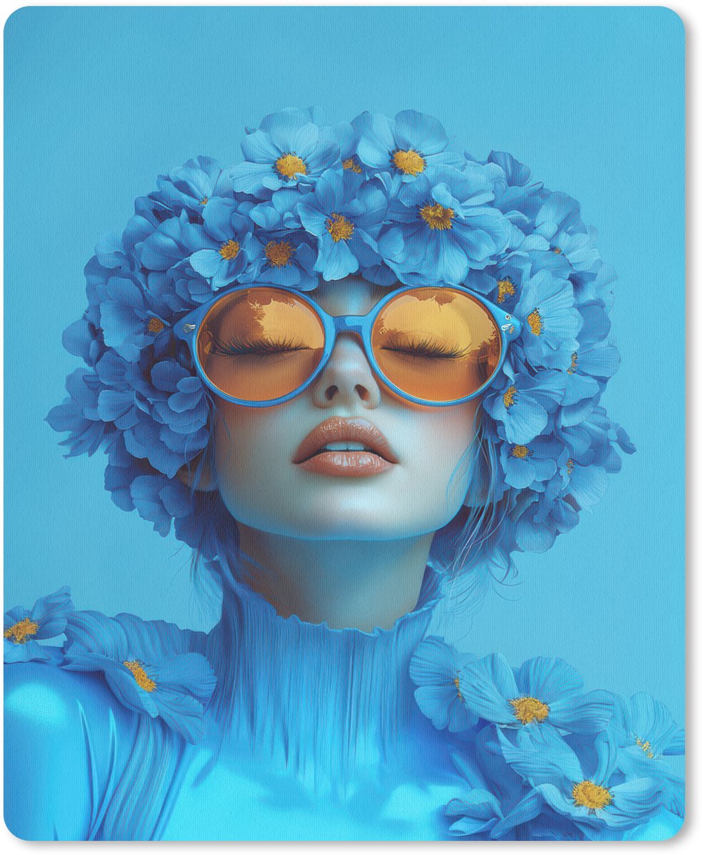 Muismat 19x23 cm - Mousepad Vrouw - Bloem - Blauw - Modern - Bril - Portret - Muismatten