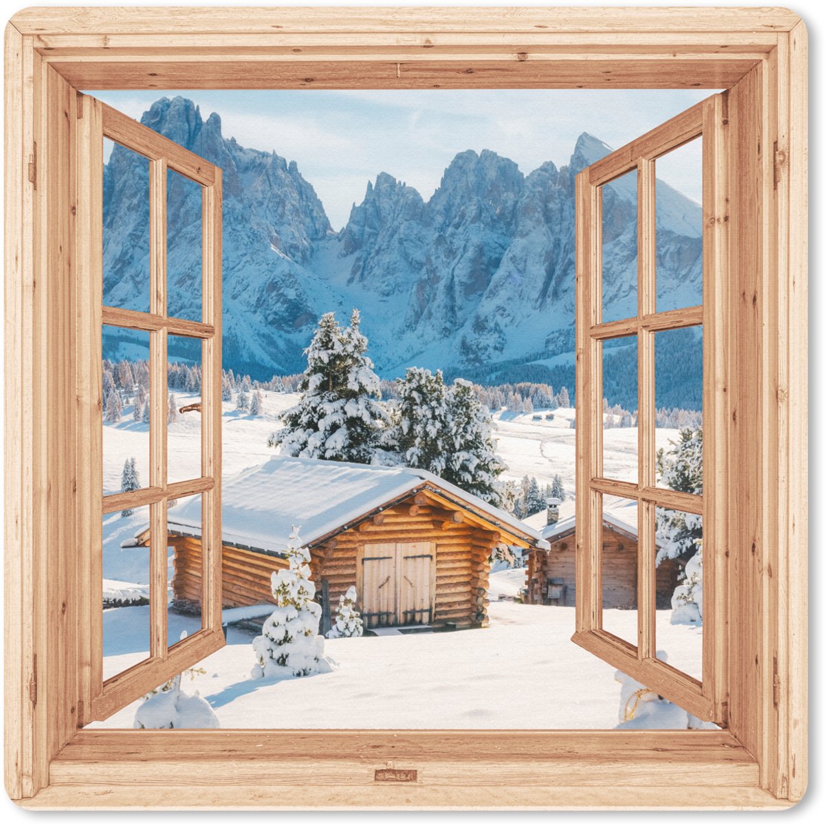 Muismat 30x30 cm - Mousepad Doorkijk - Winterlandschap - Huisje - Bergen - Uitzicht - Muismatten
