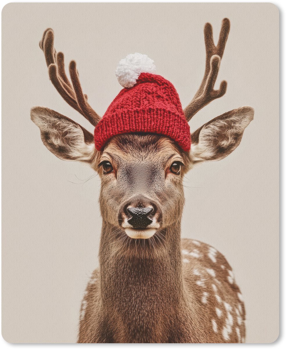 Muismat 19x23 cm - Mousepad Hert - Kerst - Muts - Dieren - Winter - Grappig - Muismatten