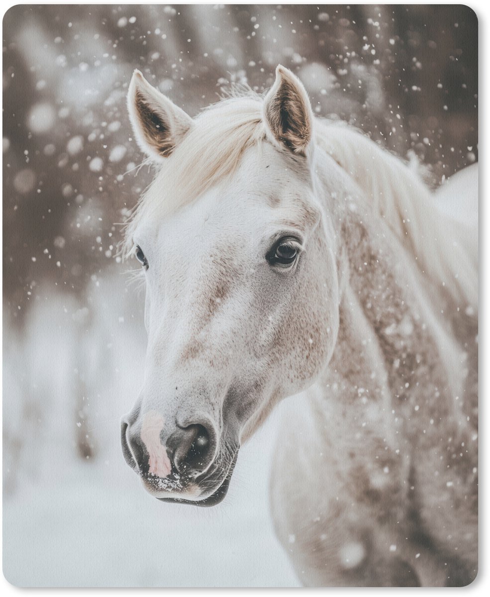 Muismat 19x23 cm - Mousepad Paard - Wit - Winter - Natuur - Sneeuw - Dieren - Muismatten