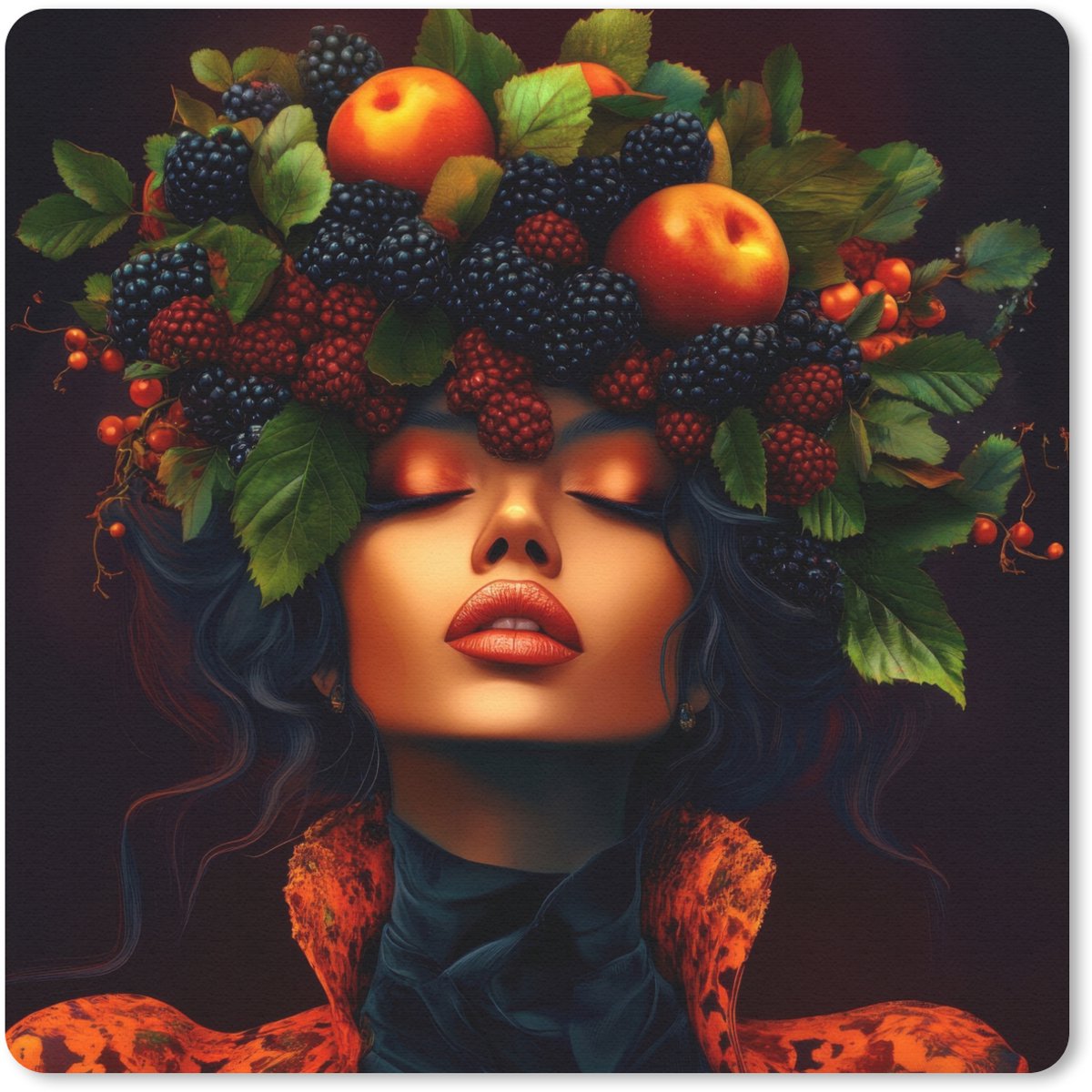 Muismat 20x20 cm - Mousepad Vrouw - Zwart - Bessen - Bramen - Appels - Muismatten