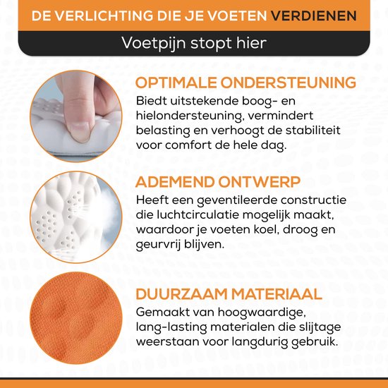 Drie close-ups van de witte en oranje inlegzolen. "De verlichting die je voeten verdienen."