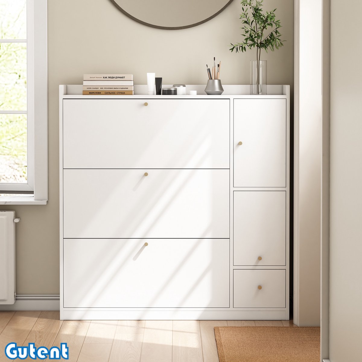 Gutent Schoenenkast-Met 3 Inklapbare Laden-Met Inklapbare Bank-Wit-119*24*122cm