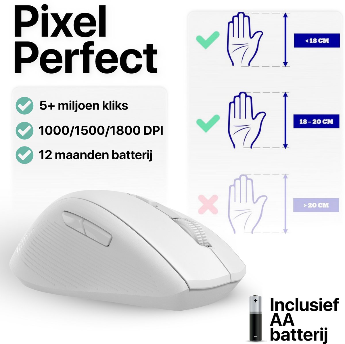 Draadloze stille muis wit met bluetooth & USB ontvanger, ergonomisch, 2 extra knoppen, verstelbare DPI, compatibel Mac, Windows, Android - Afbeelding 5