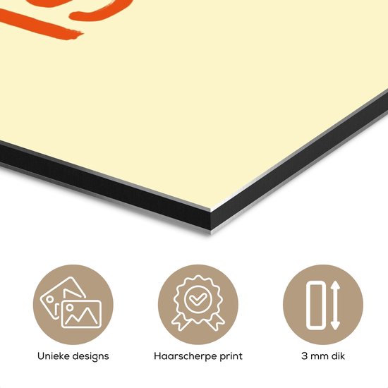 Detail van een lichtgele aluminium poster met tekst 'ALL YOU NEED IS MOM'. Iconen tonen 'Unieke designs', 'Haarscherpe print' en '3 mm dik'.