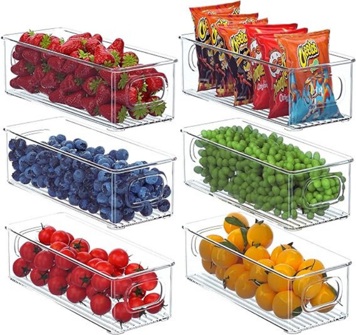 Set Van 6 Stapelbare Koelkast-Organizers – Doorzichtige Voedselopslagdozen Met Handvatten (BPA-vrij)