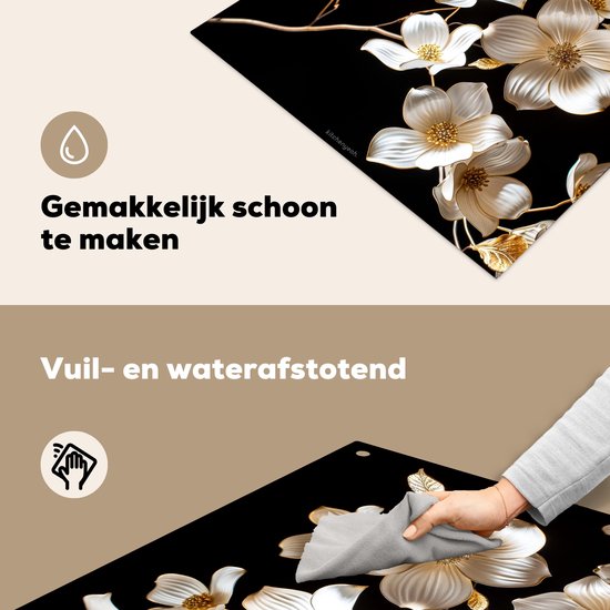 KitchenYeah® Inductie beschermer 78x78 cm - Bloemen - Wit - Goud - Kookplaataccessoires - Afdekplaat voor kookplaat & Spatscherm achterwand - Inductiebeschermer - Inductiemat - Inductieplaat mat - Keuken decoratie