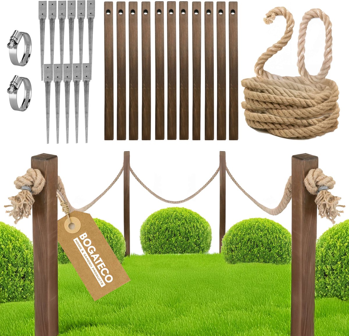 BOGATECO houten hek met jute touw | Zeilhek 20 m | 13 verschillende lengtes | Inclusief montagekit
