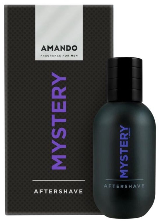 Zwarte fles en doos met 'AMANDO FRAGRANCE FOR MEN MYSTERY AFTER SHAVE' opdruk.