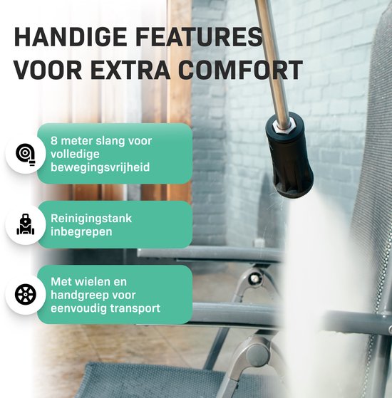 VONROC Hogedrukreiniger V18-2 1800W – 140 bar – 420 l/h – Incl. 8m slang, geïntegreerde reinigingsmiddelen tank, terrasreiniger, spuitstukken en accessoires — afbeelding 5