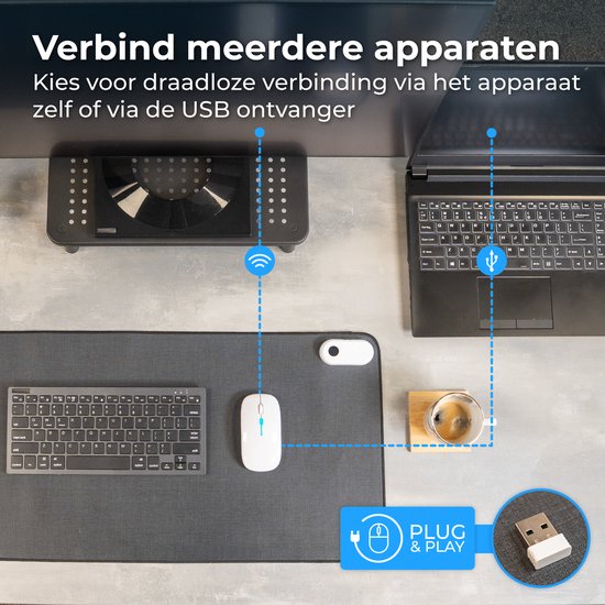 Twee computers, een laptop en een keyboard zijn draadloos verbonden met een witte muis. Inclusief USB ontvanger en "Plug & Play".