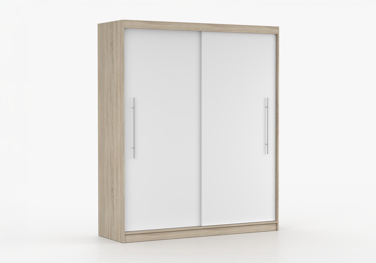AJE Meubles B.V. Kledingkast NICO II 203 cm - 2-deurs schuifdeurkast met kledingstang - Garderobekast met ruime opbergruimte - Moderne kast voor slaapkamer en hal (Sonoma + Wit)