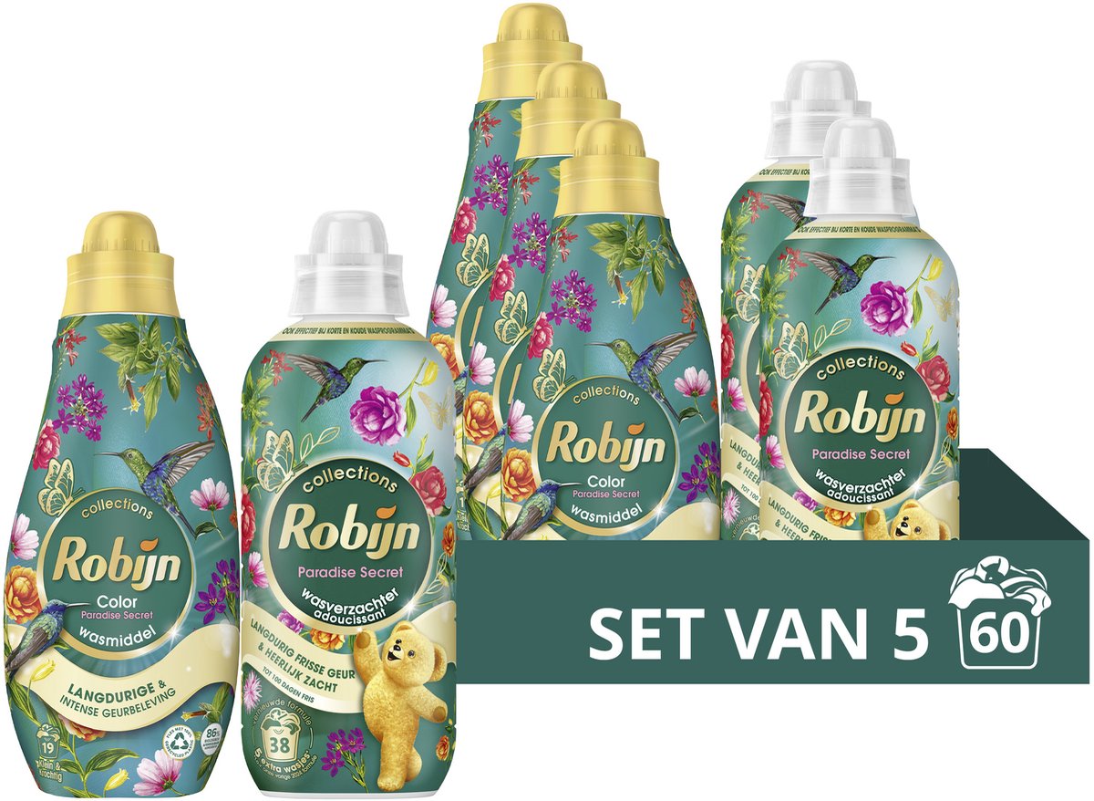 Robijn Perfect Match Vloeibaar Wasmiddel en Wasverzachter Pakket - Color Paradise Secret - voor een intense geurbeleving van kleding - set van 5 (60 wasbeurten)
