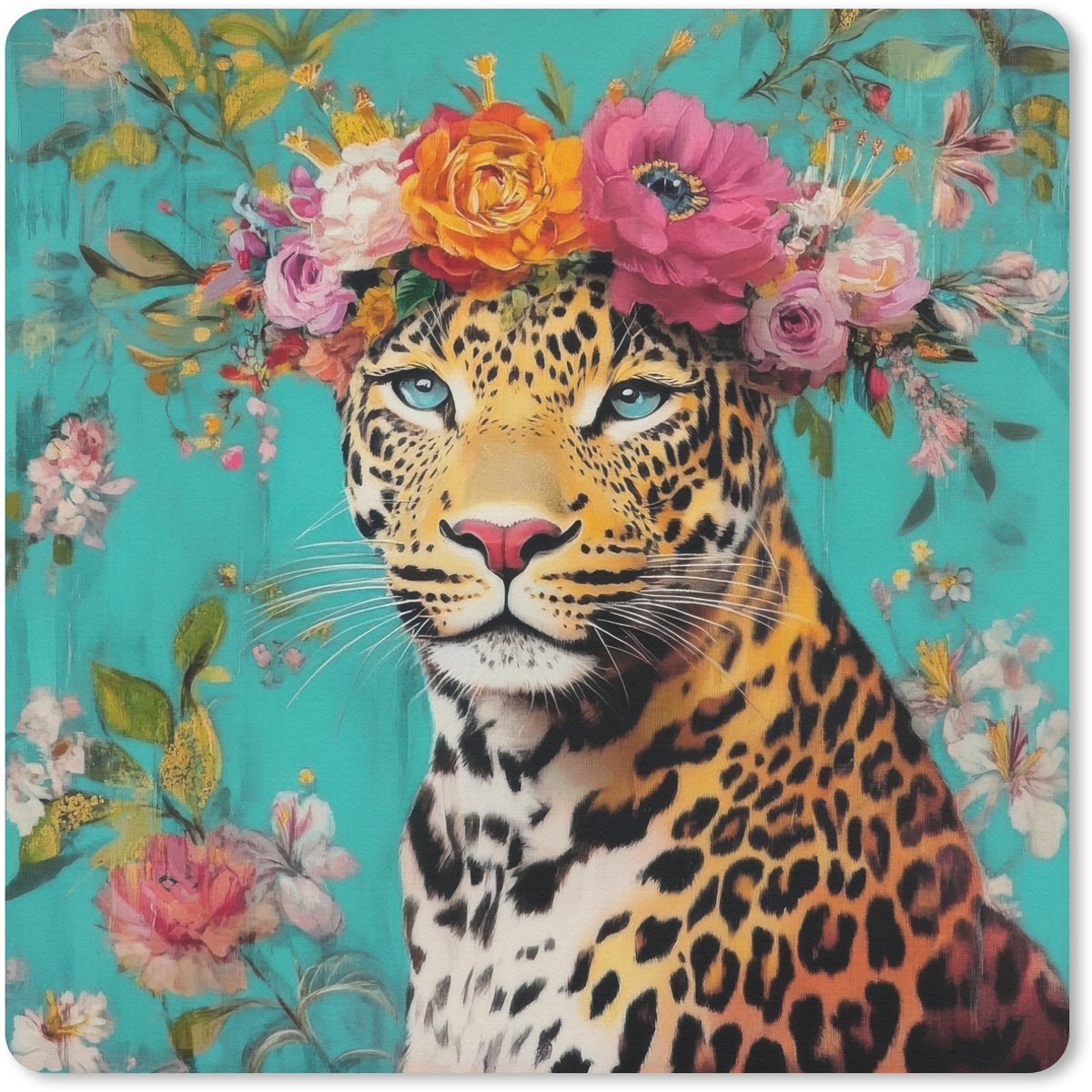 Muismat 20x20 cm - Mousepad Luipaard - Bloemen - Kroon - Muismatten